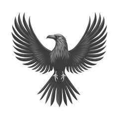 Obraz premium Majestic grayscale raven with wings outstretched, isolated on white background.