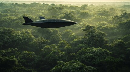 Naklejka premium Mysterious Alien Craft Hovering Above a Lush Green Forest at Dawn. An Aerial View of a Majestic Landscape with a Dark, Enigmatic Flying Object. A Stunning Image of Nature and the Unknown.