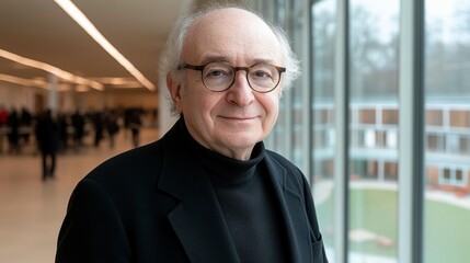 Fototapeta premium Close-up portrait of a senior businessman consultant smiling warmly while standing in a bright and contemporary office building with large glass windows