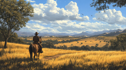 Riding a horse and walking beside the pastoral lake