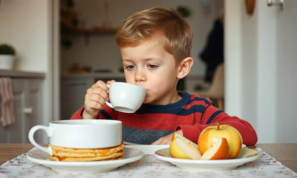 Little boy enjoying a cozy breakfast with pancakes, fruit, and tea in a warm kitchen setting