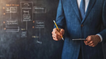 startup growth customers development concept. Business professional analyzing data on a chalkboard.