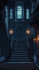 Fototapeta premium Mysterious Gothic Castle Interior with Winding Staircase and Gloomy Ambiance This dramatic moody image showcases the haunting beauty of an old abandoned castle with a grand