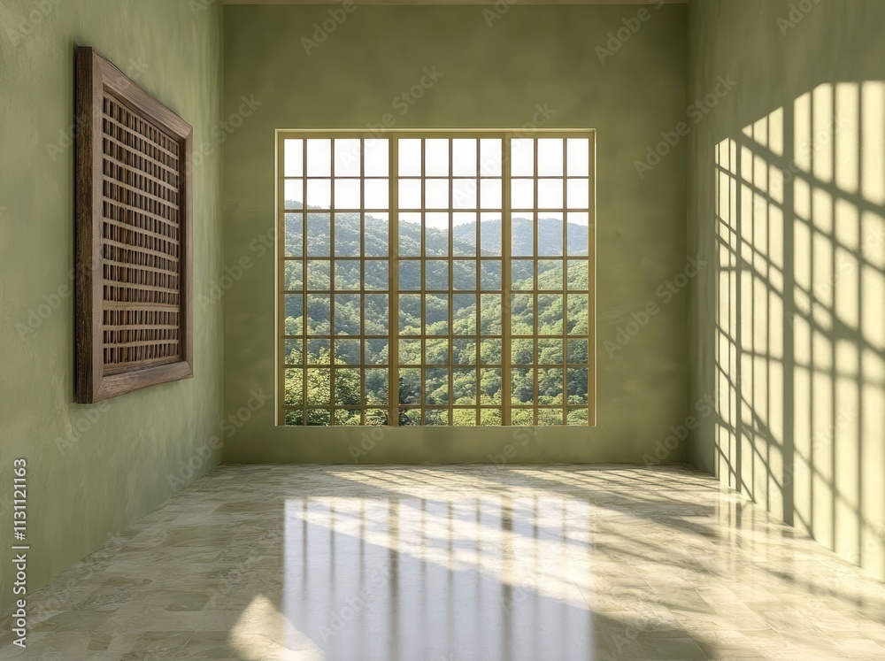 Poster a serene interior with a large window showcasing lush green hills and soft light.