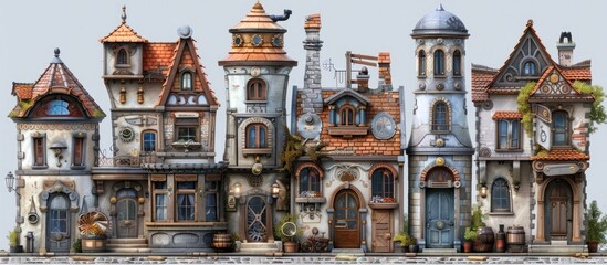Obraz premium Whimsical medieval town with ornate towers colorful facades and unique architectural details Historic fairytale like cityscape with vintage vibrant landmarks and structures