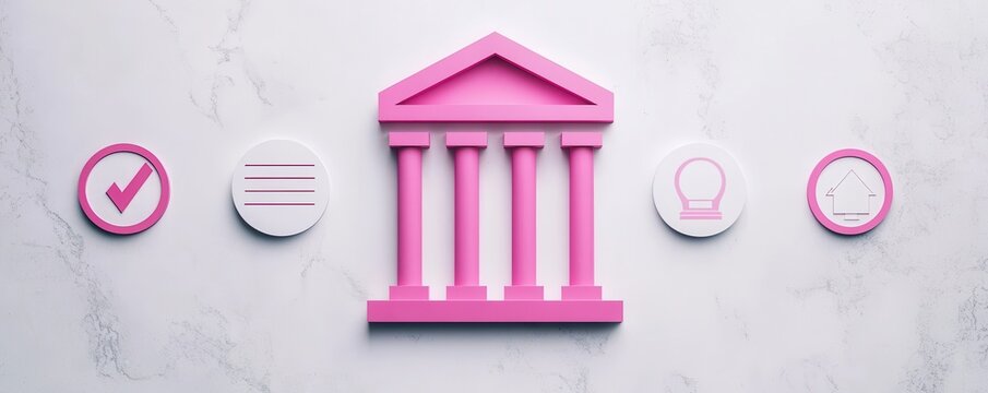 A pink building icon is centered with various circular symbols representing approval, information, and identity on a marble background.