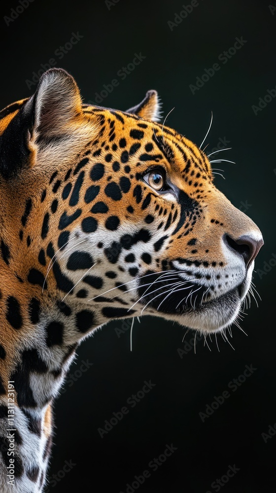 Poster a close-up profile of a jaguar showcasing its distinctive spots and piercing gaze.