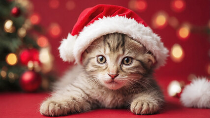 Cute kitten wearing a Santa hat on a red background