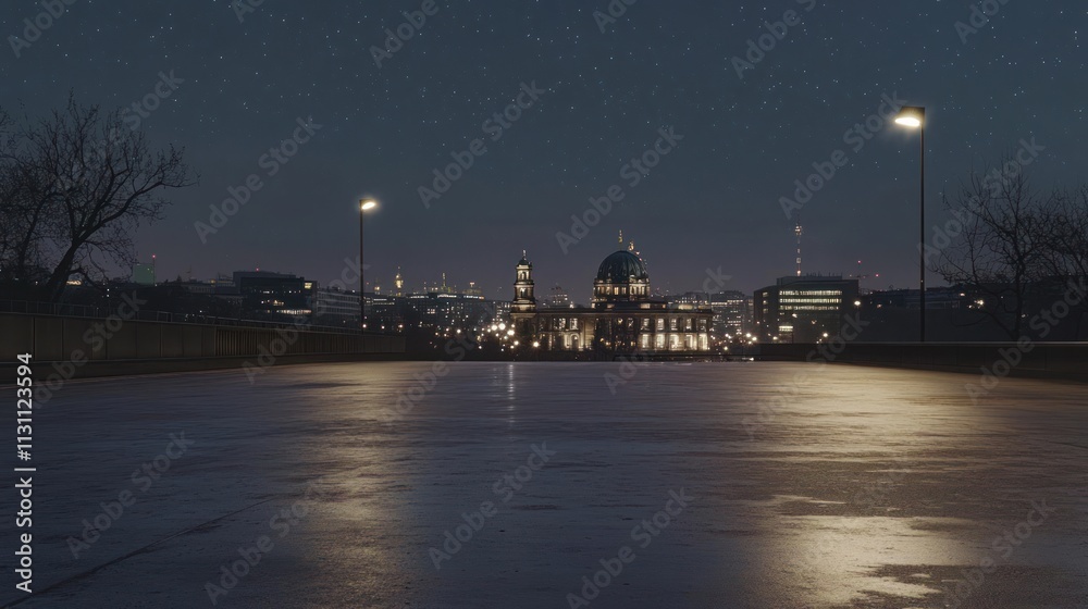 Poster a serene night scene of a city skyline with illuminated buildings and a reflective surface.
