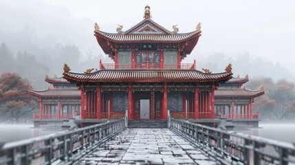 Obraz premium Majestic and Imposing Oriental Temple with Intricate Ornate Architecture and Serene Pond Reflection Surrounded by Misty and Atmospheric Landscape