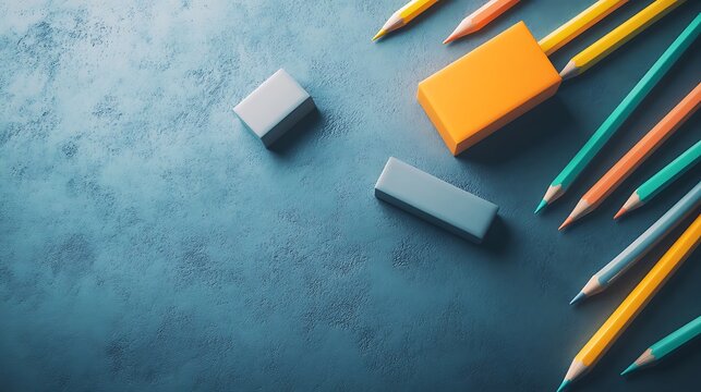 A dynamic layout of pencils and erasers in metallic tones with a modern aesthetic