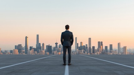 Fototapeta premium startup growth customers development concept. A businessman gazing at a city skyline during sunset.