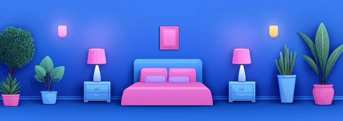 Fototapeta premium A girly room with furniture and decoration for sleeping at dusk at night with a bed, a lamp on a nightstand, and plants. Cartoon illustration of a girly room with furniture and decoration for