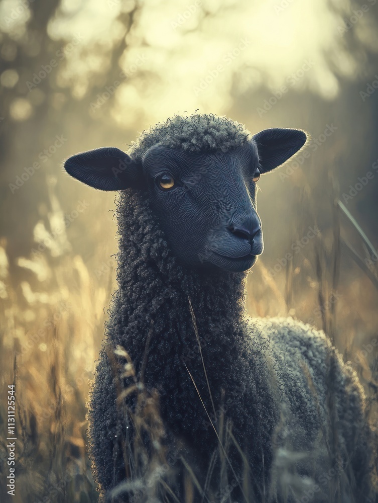Poster A close-up of a black sheep in a sunlit grassy field, showcasing its wool and serene expression.