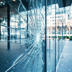 Close up of broken office glass or store, crack on glass generated.AI