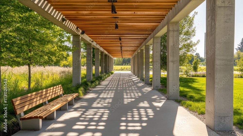 Poster a serene walkway with a wooden bench and shaded patterns, surrounded by greenery.