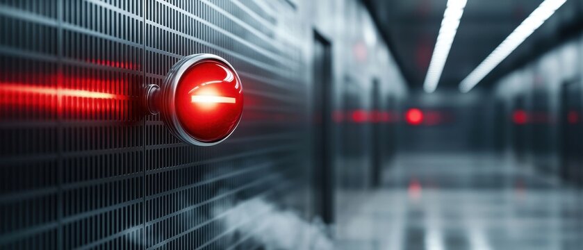 A futuristic hallway illuminated by red lights, featuring a prominent red sensor or camera, creating a high-tech, sci-fi atmosphere.