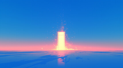Fototapeta premium monolithic structure erupts with vibrant light and particles in a serene blue and pink gradient backdrop