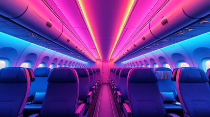 Fototapeta premium Vibrant airplane cabin interior illuminated with neon 