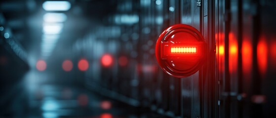 A futuristic corridor featuring illuminated red sensors against metallic walls, creating an ominous and high-tech atmosphere.