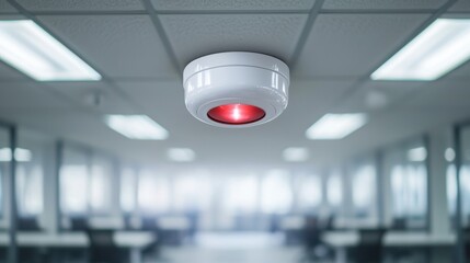 A fire alarm is mounted on the ceiling of a modern office, featuring a blinking red light that indicates potential danger.