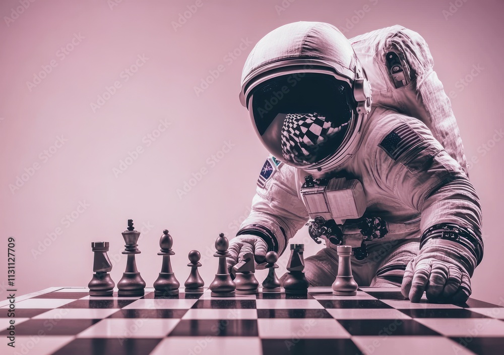 Poster an astronaut plays chess on a checkered board, reflecting a surreal blend of science and leisure.