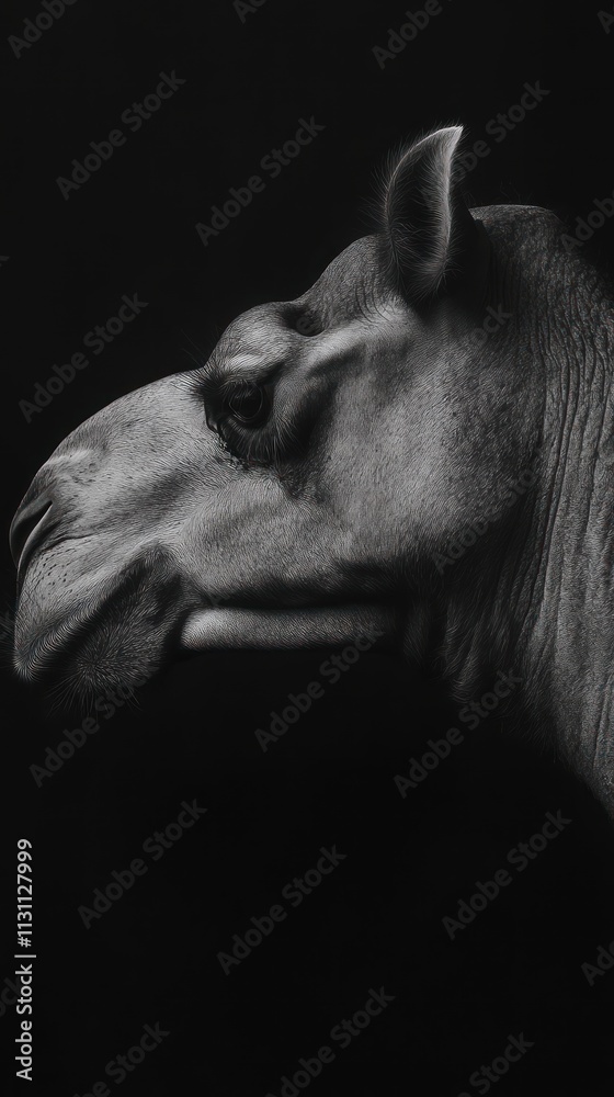 Poster A monochrome profile of a camel against a dark background, emphasizing its features.