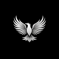 Fototapeta premium Silver phoenix with wings spread wide against a black background.