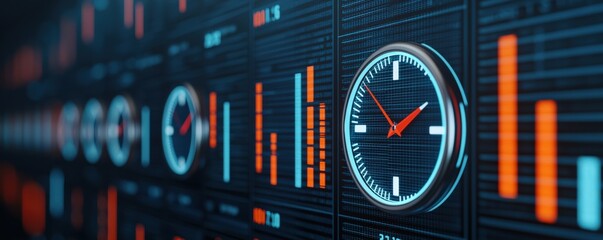 startup growth customers development concept. Digital clocks display time alongside vibrant graph visuals.