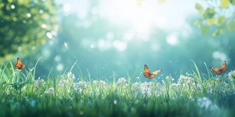 Fototapeta premium Realistic stock photo of a tropical meadow scene. In the foreground, grass flower and grass and butterfly. The middle of the image features a meadow field, with a blurred background of the sun beam
