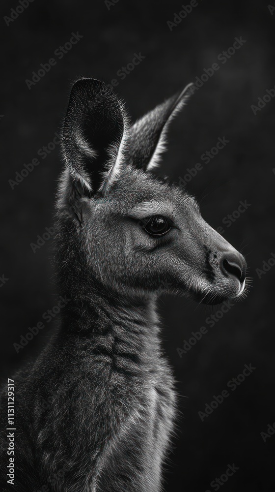Poster A black and white portrait of a kangaroo showcasing its features and expression.
