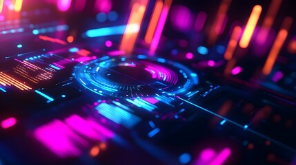 Obraz premium Futuristic Tech Interface: Glowing Neon Lines and Circular Display, Vivid Colors, Abstract Design.