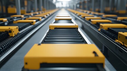 Automated Logistics: High-tech factory conveyor system showcasing efficient material handling and transportation.  
