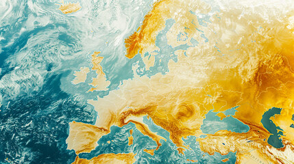 Detailed weather forecast map of Europe showing isobars, pressure systems, wind directions, and temperature zones. Ideal for meteorological analysis, climate predictions, or educational.