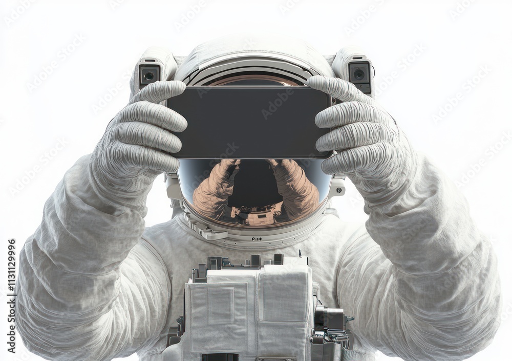 Poster an astronaut holds a smartphone, capturing a moment in space.