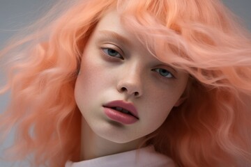 Naklejka premium Close-up portrait of a beautiful young woman with pink hair, freckles, and blue eyes