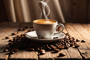 a steaming espresso coffee cup with coffee beans placed on a rustic vintage wooden, Ai Generative 