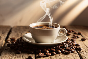 a steaming coffee cup with coffee beans placed on a rustic vintage wooden, Ai Generative 