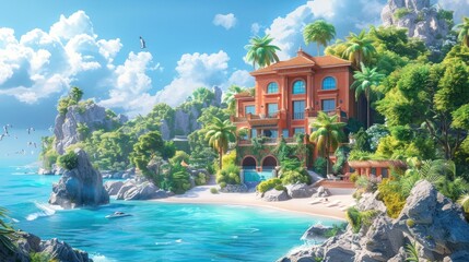 Obraz premium Lush tropical paradise with vibrant colors and details of a stunning island resort featuring an elaborate beach front hotel and villa architecture with palm trees and turquoise blue waters