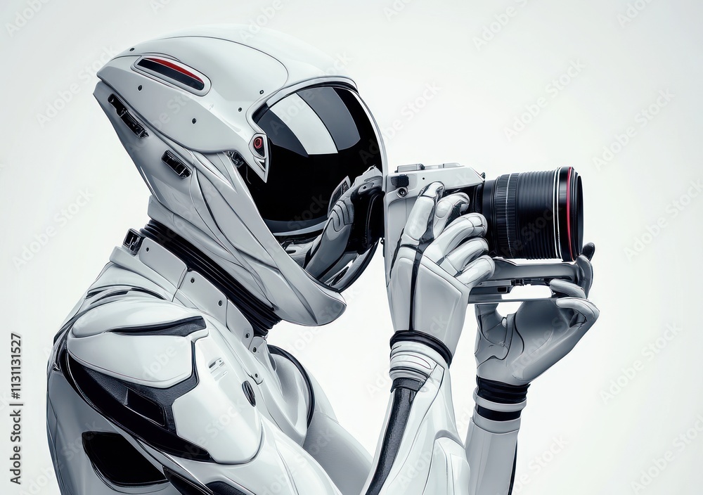 Aufkleber a futuristic robot photographer capturing images with a professional camera.