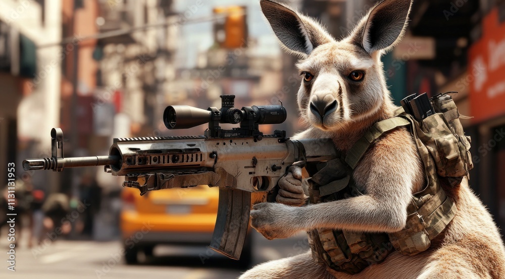Poster a kangaroo armed with a rifle in an urban setting, blending humor and action.