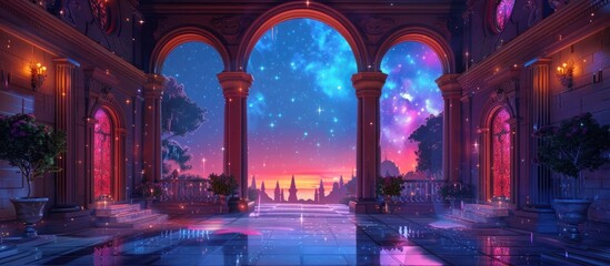 Enchanting fantasy palace with majestic architecture arched columns and lush garden reflecting in a tranquil pool under a mystical starry night sky