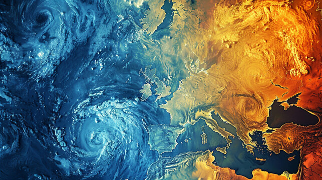 Detailed weather forecast map of Europe showing isobars, pressure systems, wind directions, and temperature zones. Ideal for meteorological analysis, climate predictions, or educational.