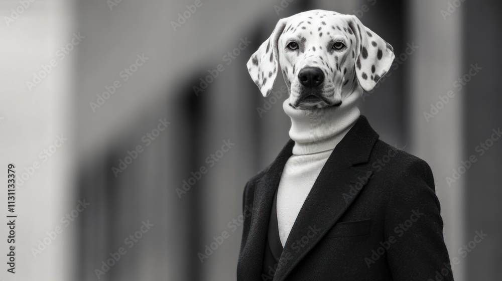Aufkleber a surreal image of a person in a suit with a dalmatian dog's head.