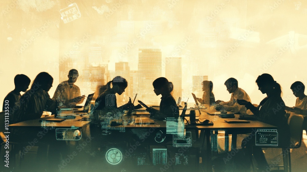 Aufkleber a group of people engaged in a collaborative work environment, using digital devices.