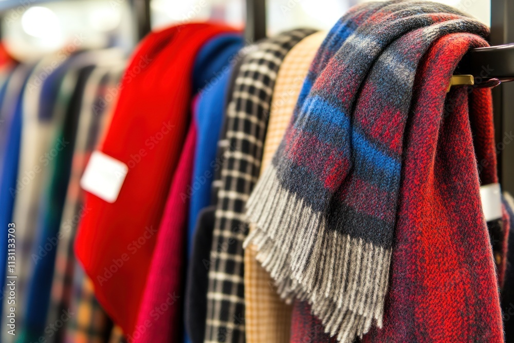 Poster A display of colorful scarves hanging on a rack, showcasing various textures and patterns.