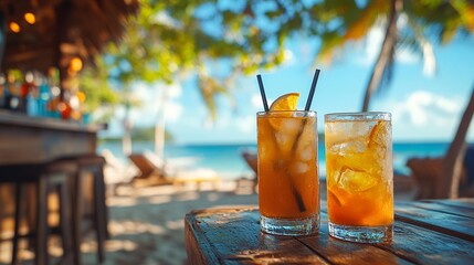 Tropical cocktails on a beach bar at a sunny resort, creating a vibrant atmosphere for summer vacations, travel, and beach party themes.
