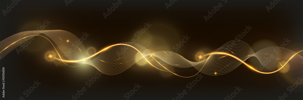 Poster golden glowing wave lines on dark background with sparkling light effects, elegant abstract design f