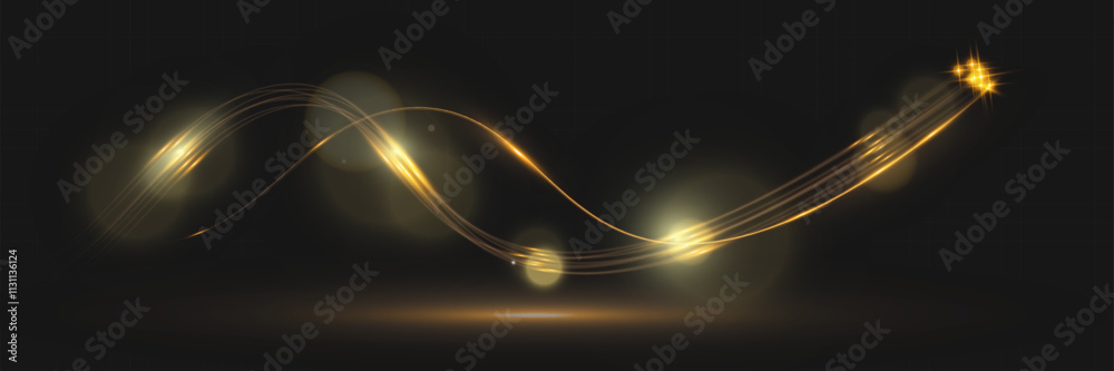 Poster golden glowing wave lines on dark background with sparkling light effects, elegant abstract design f