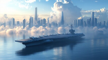 Fototapeta premium Aircraft carrier sailing on calm ocean toward a futuristic city shrouded in clouds at sunrise.